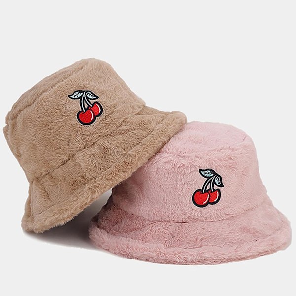 Fuzzy Bucket Hat för Kvinnor och Män - Luddig, Söt Bucket Hat för Vinter, Varm Plysch, Fiskehatt, Fluffig Sherpa, Rolig Hatt Cherry-a-pink