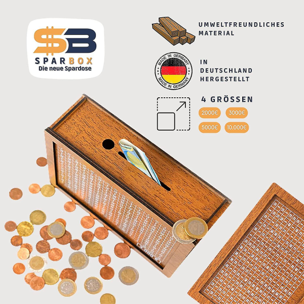 Sparbox (4 størrelser) - Genanvendelig pengekasse med sparemål og tal at sætte kryds 5000 Euros