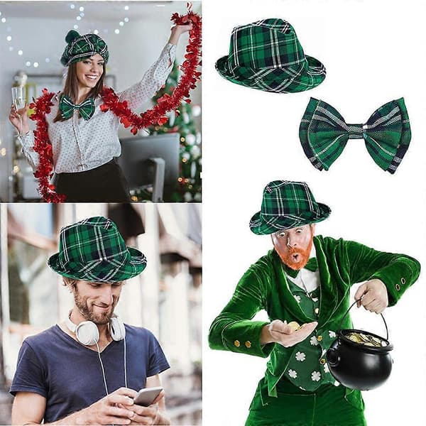 Pyhän Patrickin päivän hatut aikuisille, rusetti ja vihreä ruutufedora