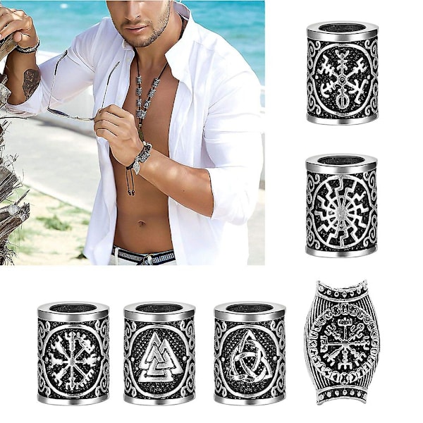 Skäggpärlor för män 6 delar set Vikings Runes Beads Norse Dreadlock Beads