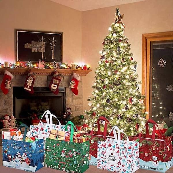 12-pack Julsäckar med Jultomten - Återanvändbara Matkassar, Handväskor, Presentpåsar, Shoppingkassar