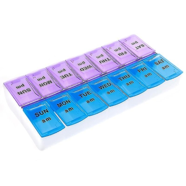 1 x ukentlig pilleboks med trykklokk 7 dagers medisin for morgen og natt (14,5 x 7 x 2,5 cm).