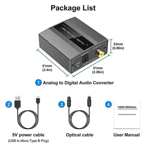 Analog til digital lydkonverter RCA til optisk med optisk kabel, digital Toslink og koaksial