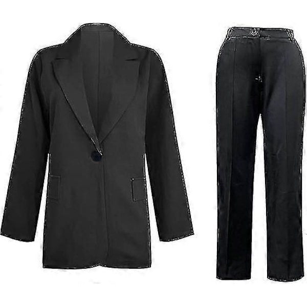 Naisten 2-osainen asu, Blazer-setti, Elegantti Liike- ja Työasu, Vintage Klassikko, Yksivärinen, Ryppyinen Hiha, Auki Edestä, Puku Takki ja Suorat Housut S Black
