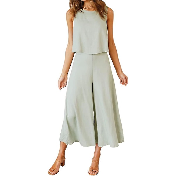 Roylamp Sommer-outfits til kvinder i 2 dele Rundhalset Crop Basic Top Beskåret Bukser med brede ben, Jumpsuits Light Green X-Small