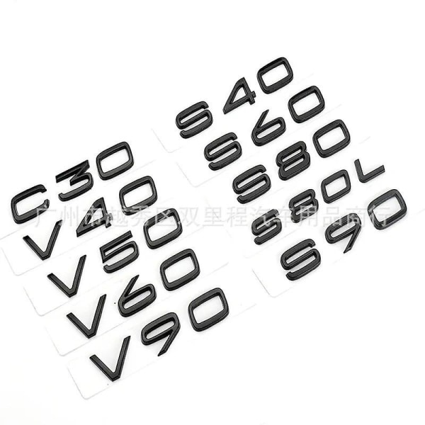 3d svarte bilkoffertbokstaver for Volvo C30 V40 V50 V60 V90 S40 S60 S80 S90 Xc40 Xc60 Xc90 Emblem Logoemblem-klistremerketilbehør S60 Chrome