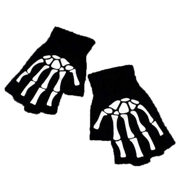 Gotiske strikkede sorte med hvide skeletknogler fingerløse punkhandsker udsalg