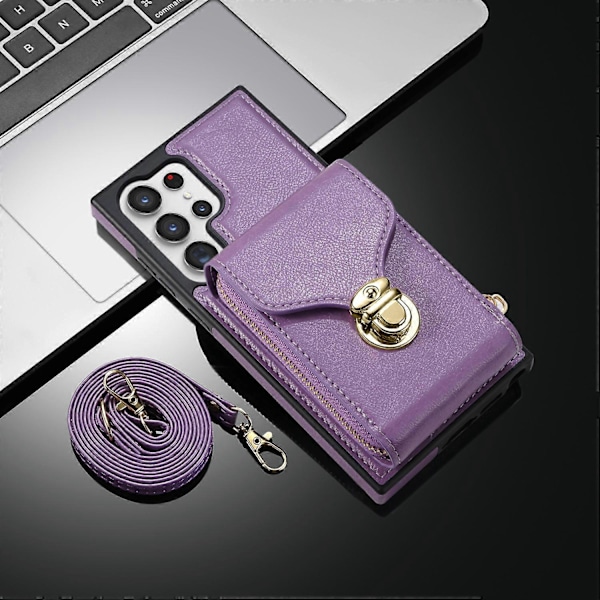 Plånboksfodral med blixtlås för Samsung Galaxy S24 Ultra, kortfodral i läder med axelrem för kvinnor Purple For Galaxy S24 Ultra