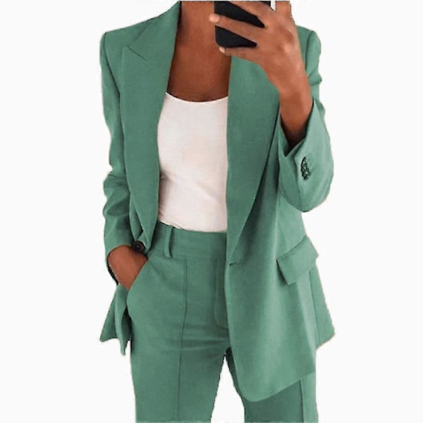 Naisten 2-osainen asu, Blazer-setti, Elegantti Liike- ja Työasu, Vintage Klassikko, Yksivärinen, Ryppyinen Hiha, Auki Edestä, Puku Takki ja Suorat Housut S Green