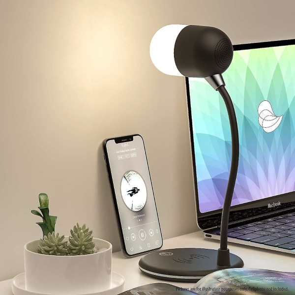 Led bordlampe med Qi trådløs smartlader, hjemmekontor Nattbord nattlampe. Bluetooth-tilkoblet høyttaler, 3 lysfargeskiftende moduser A