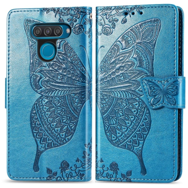 Butterfly Love Flowers kohokuvioitu vaakasuuntainen case LG Q60:lle, pidike ja kortti & & Blue