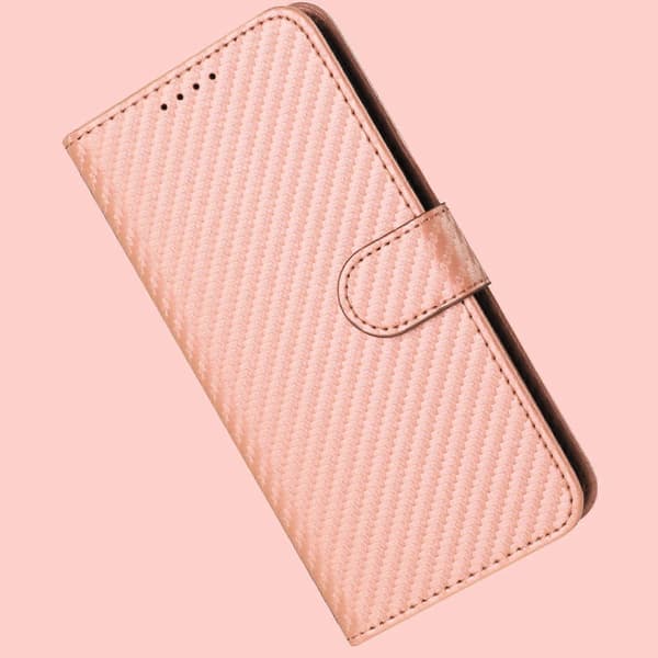 Plånboksfodral för iPhone 16 Plus med rem, kolfibertextur läder mobilskal Pink