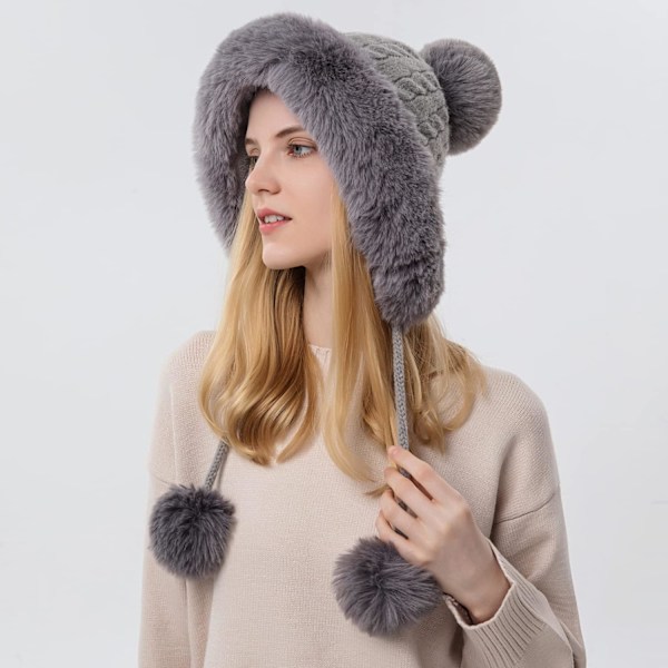Dam vinter Peruvian öronbeklädnad Beanie Hat Öronklaffar Sherpa Skidmössa Stickad Fleecefodrad 3 Pom Grey Solid One Size