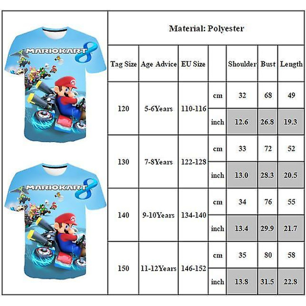 5-12 år barn Super Mario Kart tryckta toppar T-shirt 5-6Y