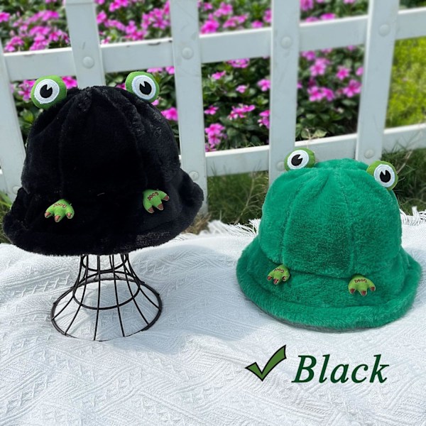 Fuzzy Bucket Hat til Kvinder og Mænd - Plysset, Sød Bucket Hat til Vinter - Varmt, Fluffy Fiskerhat - Sjove Sherpa Hatte Frog-black