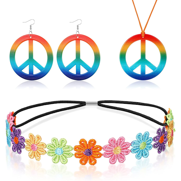 3-delt Hippie-kostumesæt, inklusive Daisy-pandebånd, Rainbow Peace-tegn-halskæde og øreringe 60'er Hip