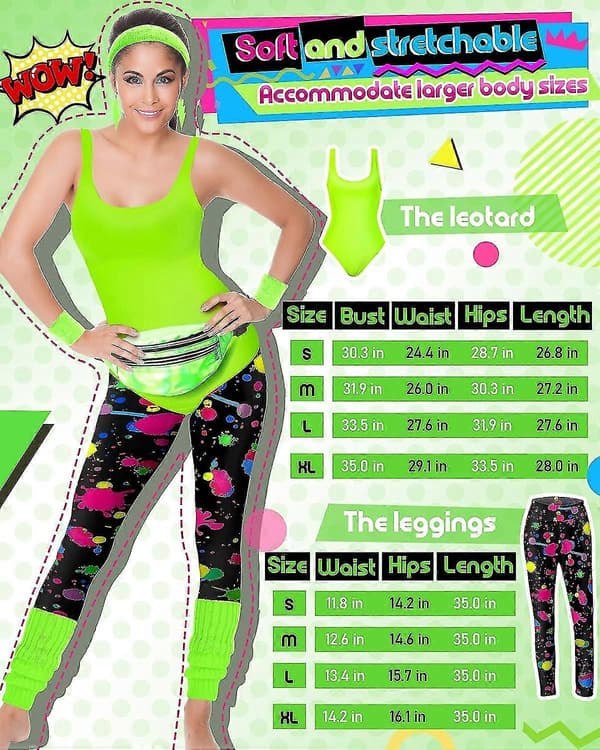 7 stk. 80'er-kostume 80'er-tilbehørssæt 80'er 90'er Leotard Legging Håndled Ben S Øreringe Bæltetaske Bright Neon Medium