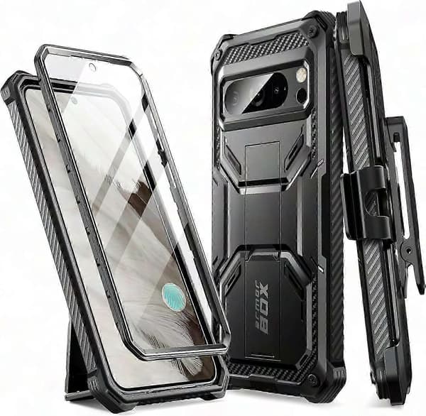 Lason Armorbox-serien til Google Pixel 8 Pro-deksel med støtte og belteklips, 2 frontrammer, robust helkropps anti-skli svart