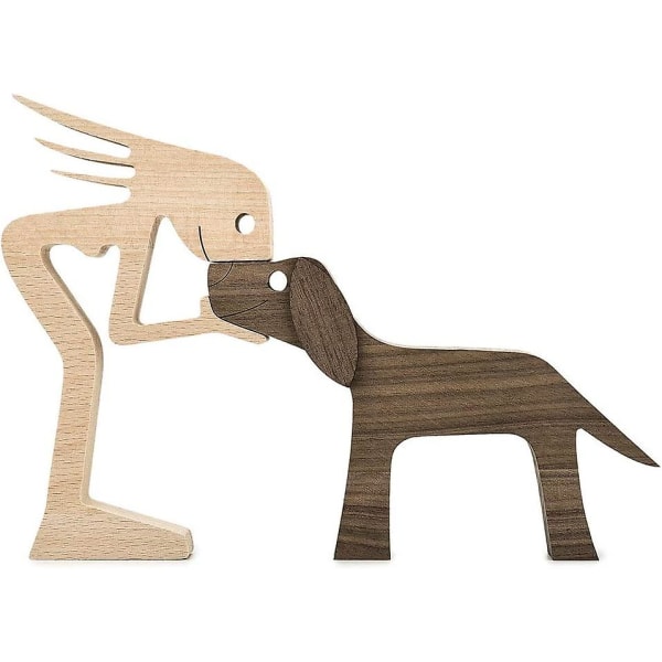 Treskulpturer Håndlagde aksenter Håndverksfigur for hjemmedekorasjoner, trestatue for kvinne og hund
