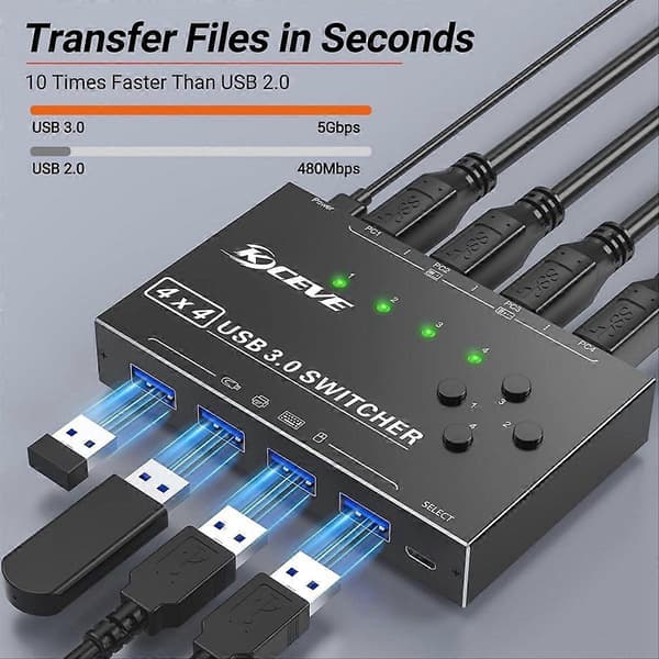 USB 3.0 Switch 4 computere, 4 porte USB Switch Selector til tastatur mus switch printerdeler Svart