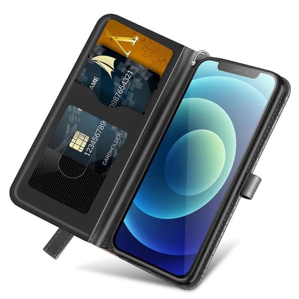 Læder telefoncover med træprægningsmønster til iPhone 14 Plus Black