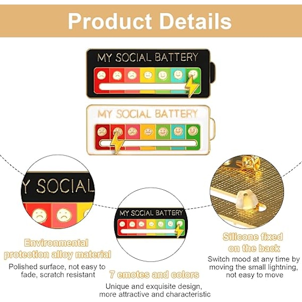 Mit Sociale Batteri-Nål, 4 Mine Sociale Batteri-Nål Interaktive Emali-Nål Sociale Batteri, Kreativ Følelsesmæssig Nål Sjov til Mental Sundhed (Hvid + Sort)