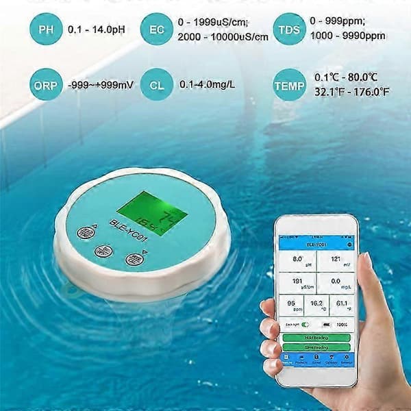 6 i 1 Vandkvalitetsdetektor PH EC TDS ORP Temperatur Klor APP Blå