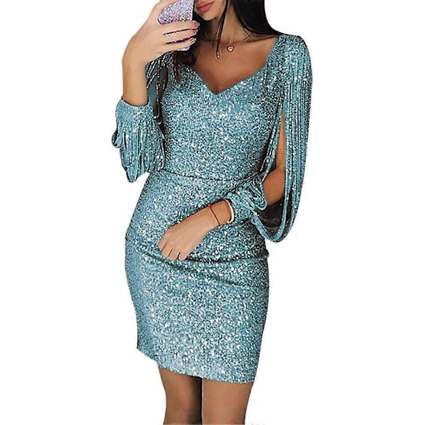 Kvinde Sequin Tassel Ærme Mini Kjole Solid V Hals Aften Fest Slim Fit Kort Kjole Plus Størrelse Green 4XL