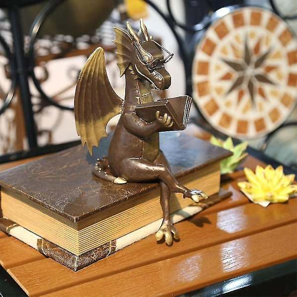 Trädgård Dinosauriefigurer Konst Harts Skulptur Klassisk Drake Läsbok Staty Utomhus Hem Skrivbord Prydnad Samlargåvor