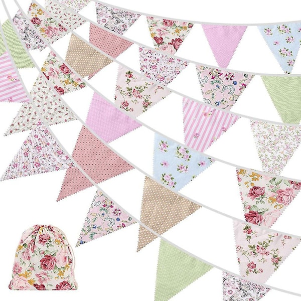 40ft Stofvimpler, 42 stk. Udendørs Vimpelbanner, Blomstret Vintage Bomuld Trippelhjørneflag til Ga