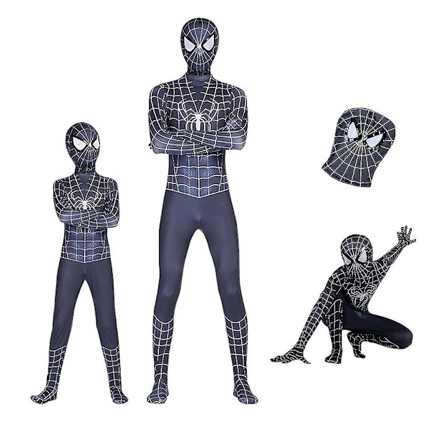 Svart Spider-man Kostym Vuxna Barn Cosplay Overall Maskeraddräkt 100(95-105CM)