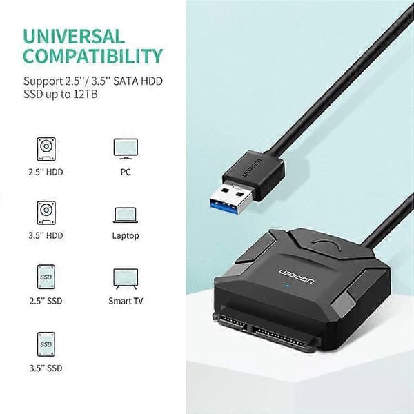 UGREEN 20231 SATA–USB 3.0 -sovitinkaapeli 3,5 / 2,5 tuuman SSD- ja HDD-SATA III -kiintolevyille MultiColor