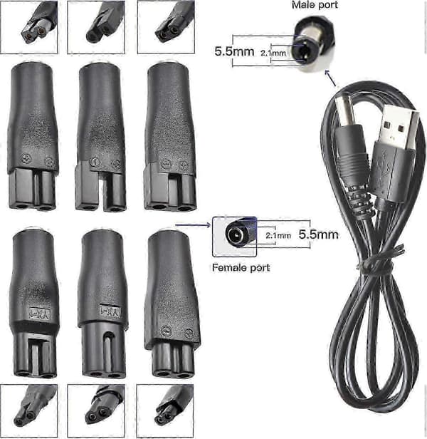 7 stk. strømkabel 5V erstatningsoplader USB-adapter egnet til elektriske hårklippere, skægtrimmer