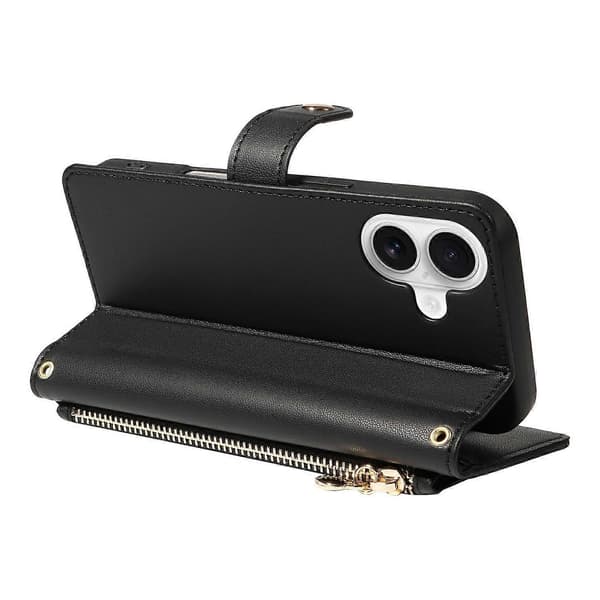 For iPhone 16 Wallet Case med stropper, Rhombus Læder Stand Telefon Cover Black Black
