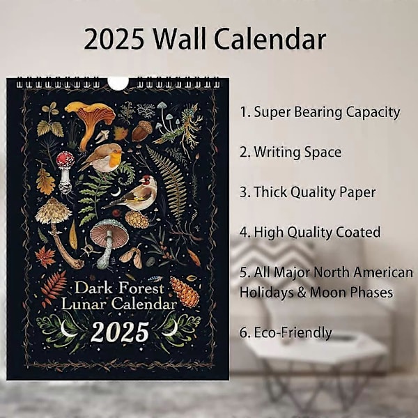Mörk Skog Månekalender 2025 Innehåller 12 Originella Illustrationer Ritade Under Hela Året, 12 Månatliga Färgglada