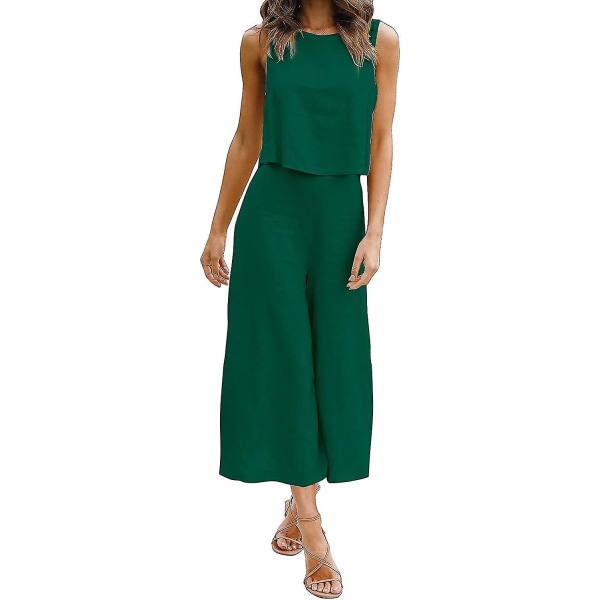Roylamp Sommer-outfits til kvinder i 2 dele Rundhalset Crop Basic Top Beskåret Bukser med brede ben, Jumpsuits Dark Green Medium