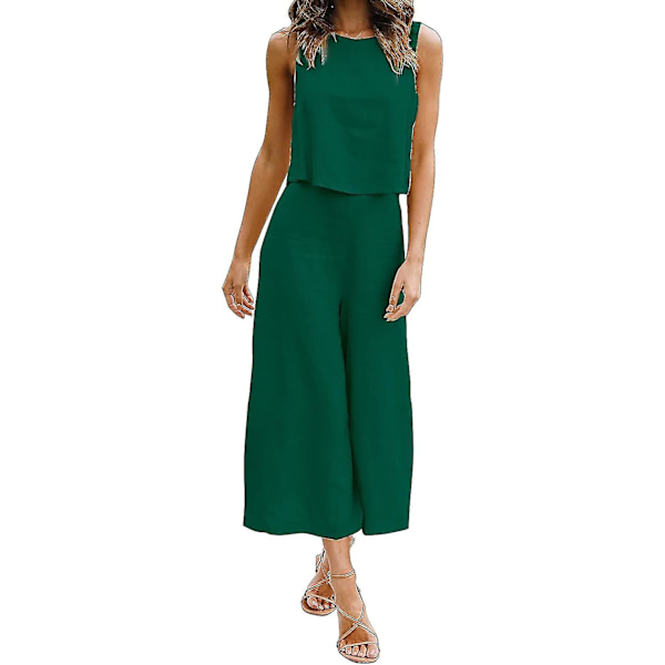 Roylamp Sommer-outfits til kvinder i 2 dele Rundhalset Crop Basic Top Beskåret Bukser med brede ben, Jumpsuits Dark Green Medium