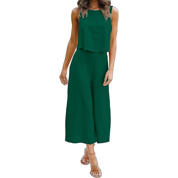 Roylamp Sommer-outfits til kvinder i 2 dele Rundhalset Crop Basic Top Beskåret Bukser med brede ben, Jumpsuits Dark Green X-Small