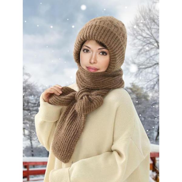 Beaniehatt med Integrerat Öron- och Vindskydd, Elastisk Stickad Tjock Varm Sammansatt Vinter Brown