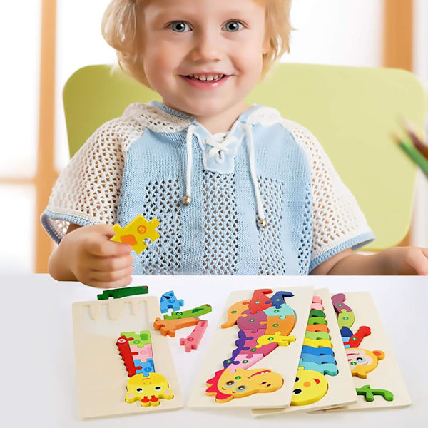 4 st pedagogiska träpussel för bebisar barn 3 4 5 6 år gamla, träpussel bebis förskolepussel leksaker presenter säkert material födelsedag julklapp