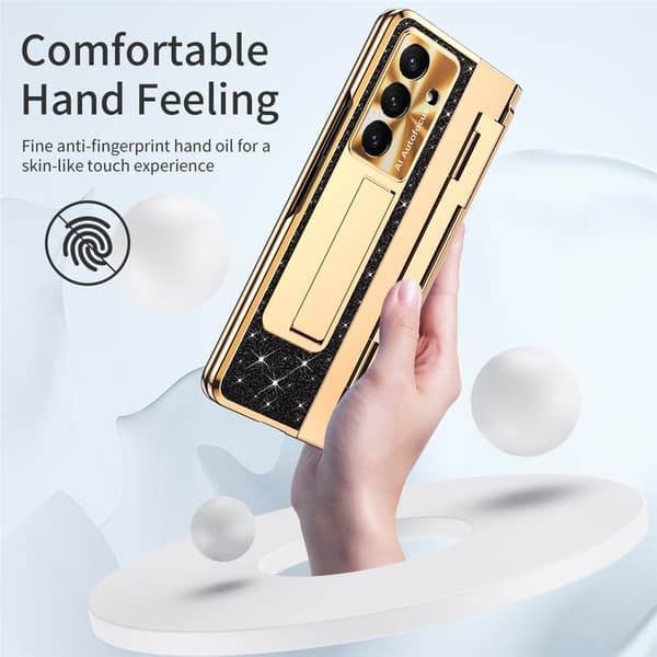 Etui til Samsung Z Fold 7, med støtteben, hengselbeskyttelse, strassglitter Silver