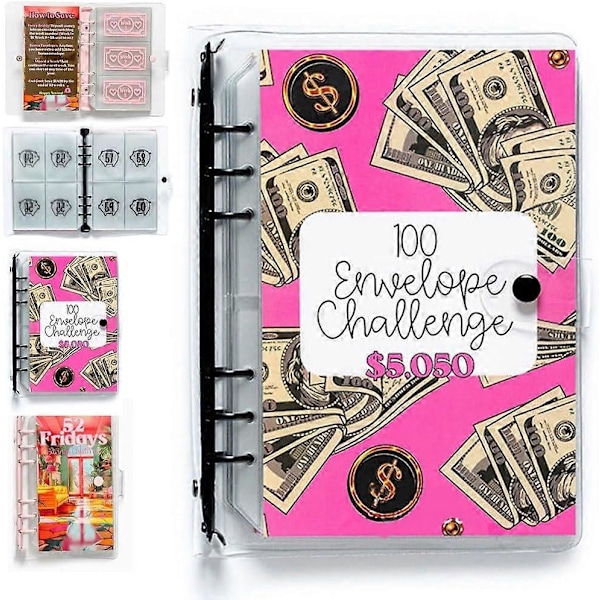 100 Kuvertmapp & 52 Fredagar Mapp, 100 Kuvert Pengarsparande Utmaning, Sparutmaningsmapp, Pengarsparande Kuvert Style A Pink
