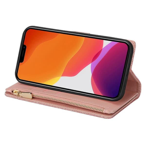 Multi-kort Slots Laser Udskæring Glitter Lynlås Læder Etui Til iPhone 14 Max Rose Gold