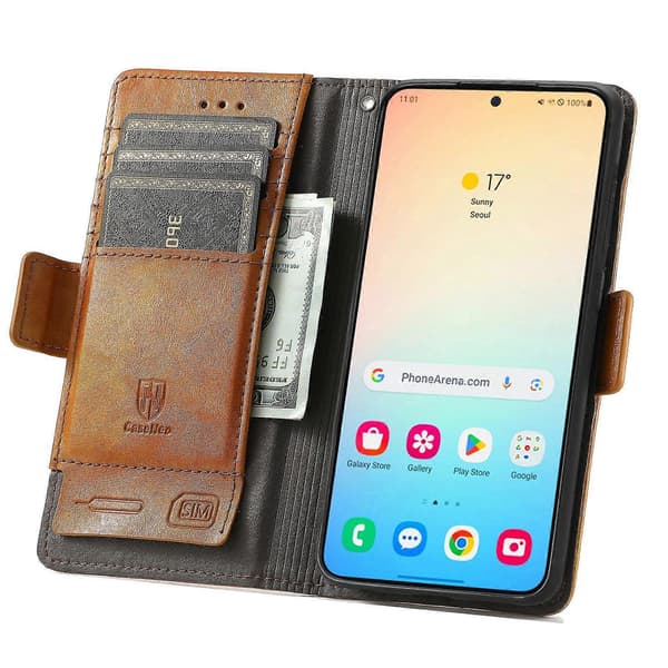 Telefonfodral för Samsung Galaxy S25+(Plus), Läderplånbok med Ställ Khaki