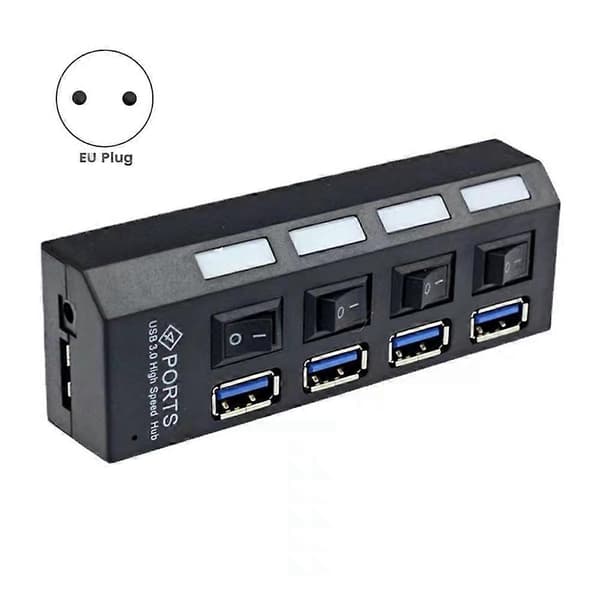 USB 3.0 Strømadapter 4 Porte Multi USB Splitter Hub 3.0 USB Hub 50CM Kabel Hub Dockingstation EU-stik Svart