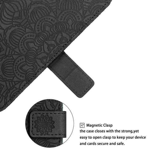 Stötsäkert phone case i läder för Xiaomi Redmi 12c 4g, Imprinting Mandala Flower Cover Stativplånbok Black