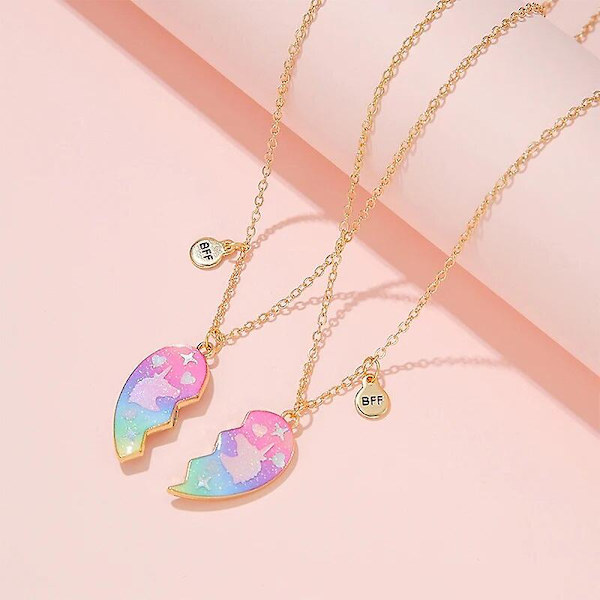 2 stk/sett Enhjørning Mønster Glitter Hjerte Anheng Beste Venner Bff Vennskap Magnetisk Halskjede For Jenter Smykker Gave