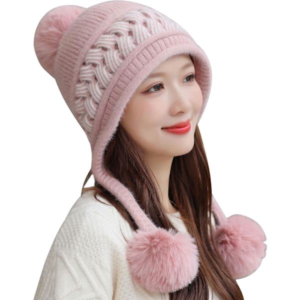 Dam vinter Peruvian öronbeklädnad Beanie Hat Öronklaffar Sherpa Skidmössa Stickad Fleecefodrad 3 Pom M1392-hanfen One Size