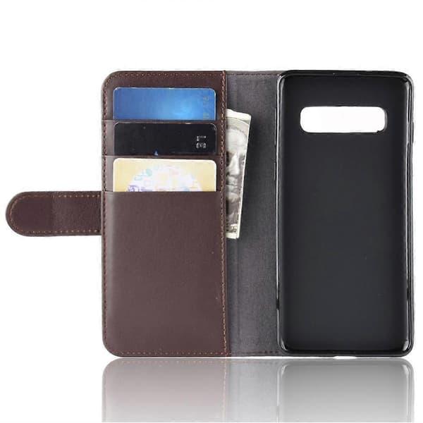För Samsung Galaxy S10 Mobilskal Äkta Läder Plånbok Mobilfodral Ställ Espresso Coffee