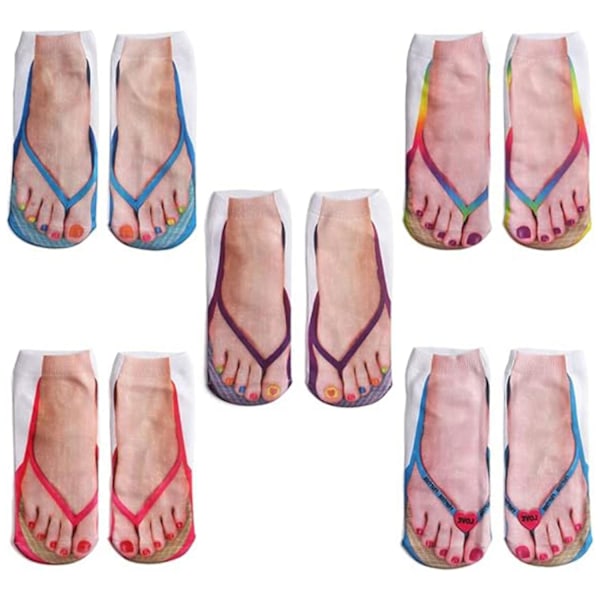 5 par Flip Flop sokker - Manikyr trykte sokker - Flip Flop sokker for kvinner - Casual, personlig 3d mønster lavt ankel sokker - For kvinner gave